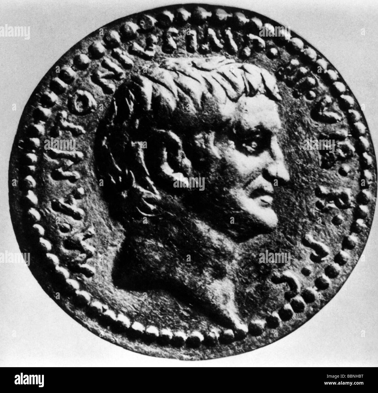 Antonius, Marcus, ca. 82 - 30 v. Chr., römischer Politiker und General, Porträt, Seitenansicht, Münze, Exergue nach 43 v. Chr., Stockfoto