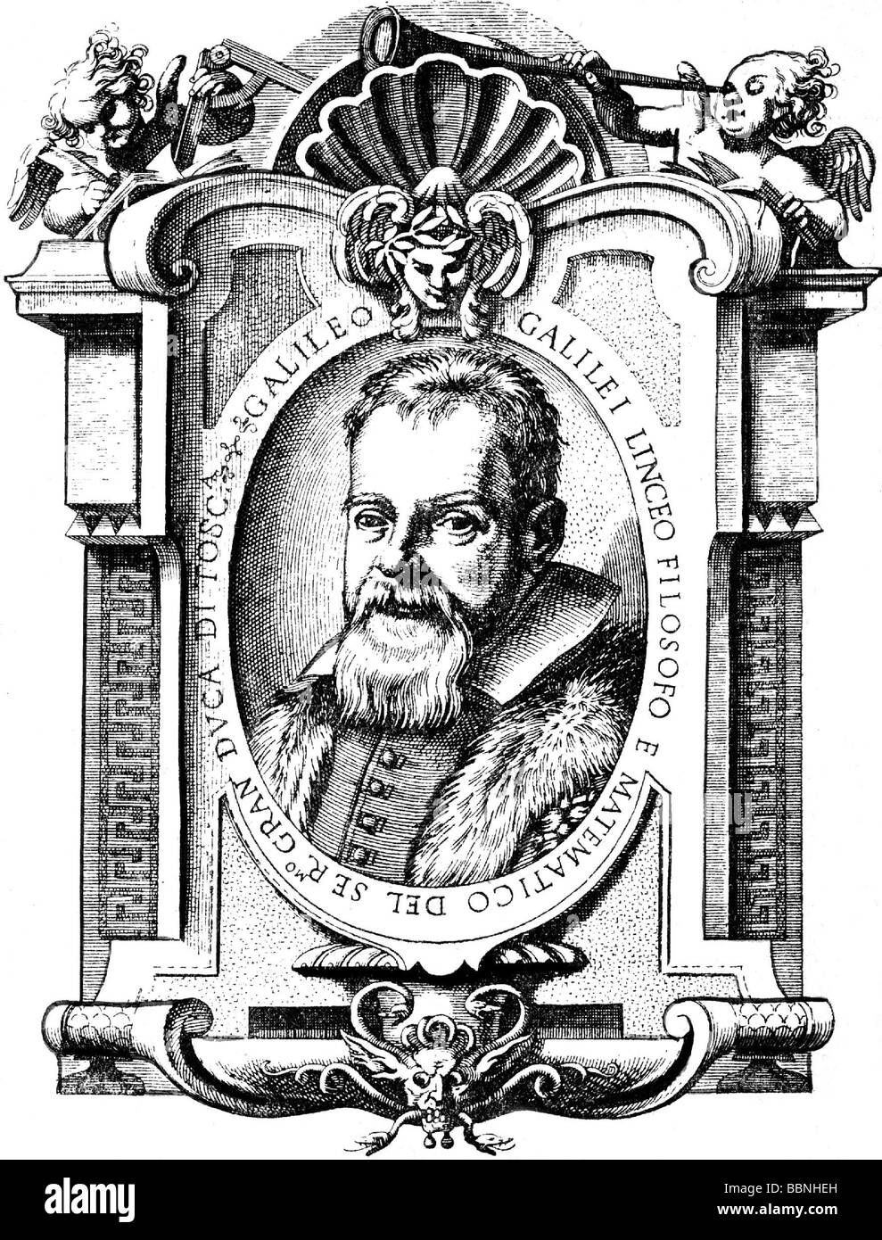 Galilei, Galileo, 15.2.1564 - 8.1.1642, Italienische Wissenschaftler (Astronom, Physiker und Philosoph, Porträt, nach zeitgenössischen Kupferstich, Holzstich, 19. Jahrhundert, Artist's Urheberrecht nicht geklärt zu werden. Stockfoto