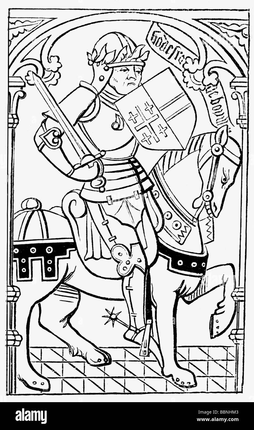 Godfrey von Bouillon, ca. 1060 - 18.7.1100, König von Jerusalem 1099 - 1100, Reitbild, Holzschnitt, 15. Jahrhundert, Stockfoto