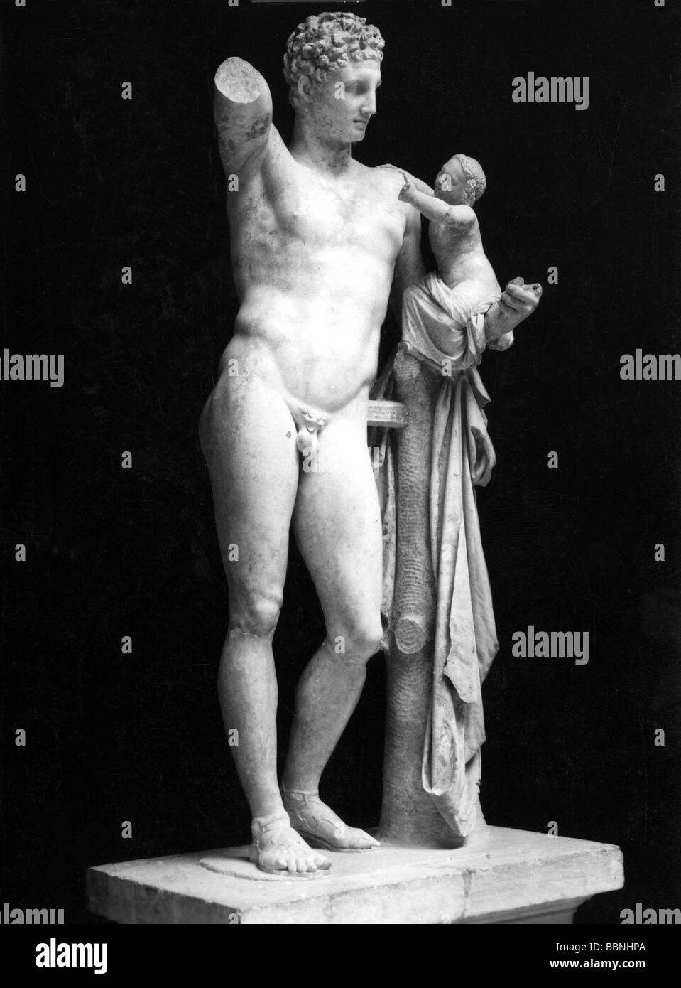 Hermes, (lat. Mercurius), griechische Gottheit, Bote, volle Länge, Statue von Praxiteles, Museum Olympia, Stockfoto