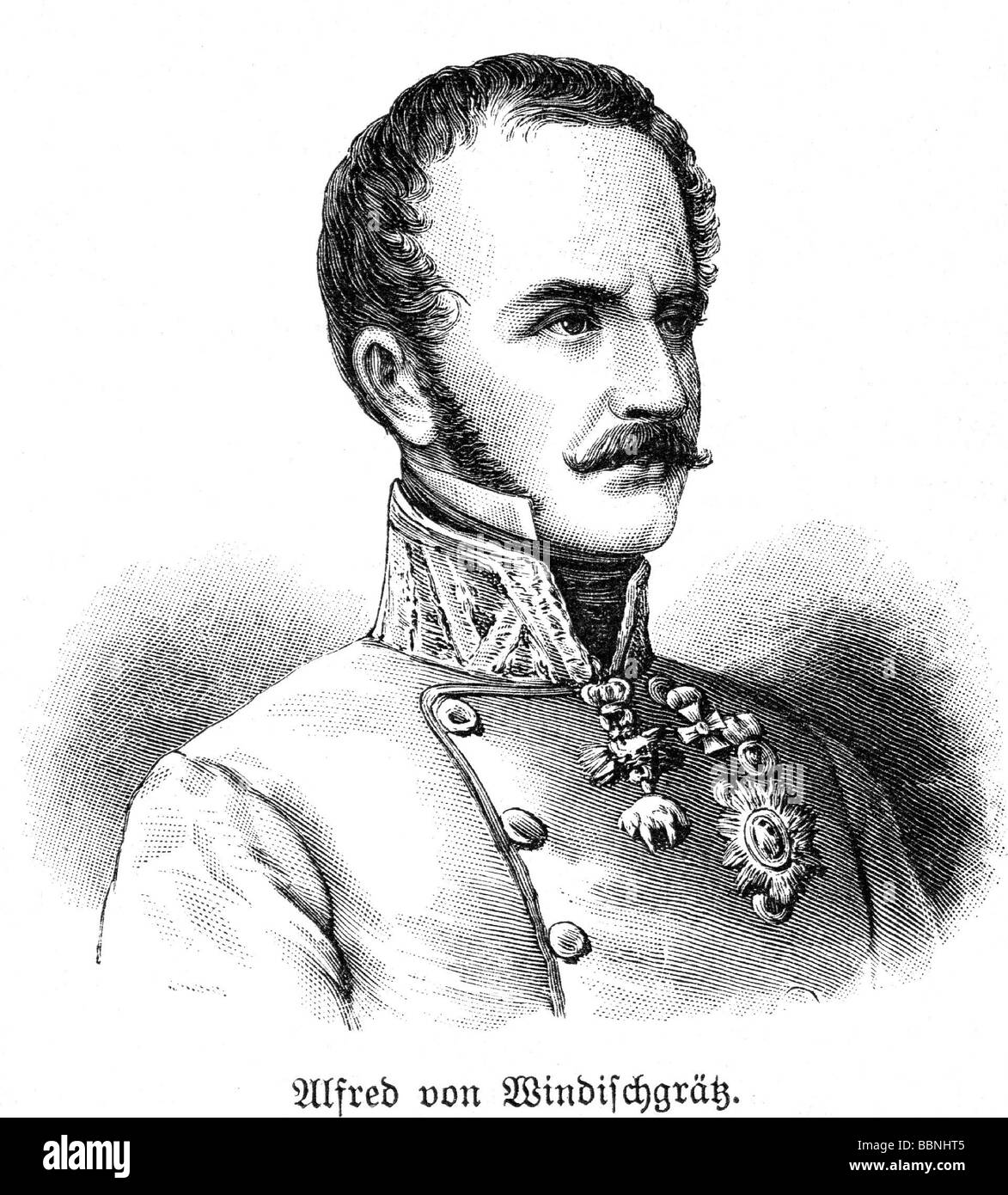 Windisch-Graetz, Alfred II. Nikolaus Fürst von, 28.3.1819 - 28.4.1876, Österreichischer General, Porträt, Holzgravur, 19. Jahrhundert, Stockfoto