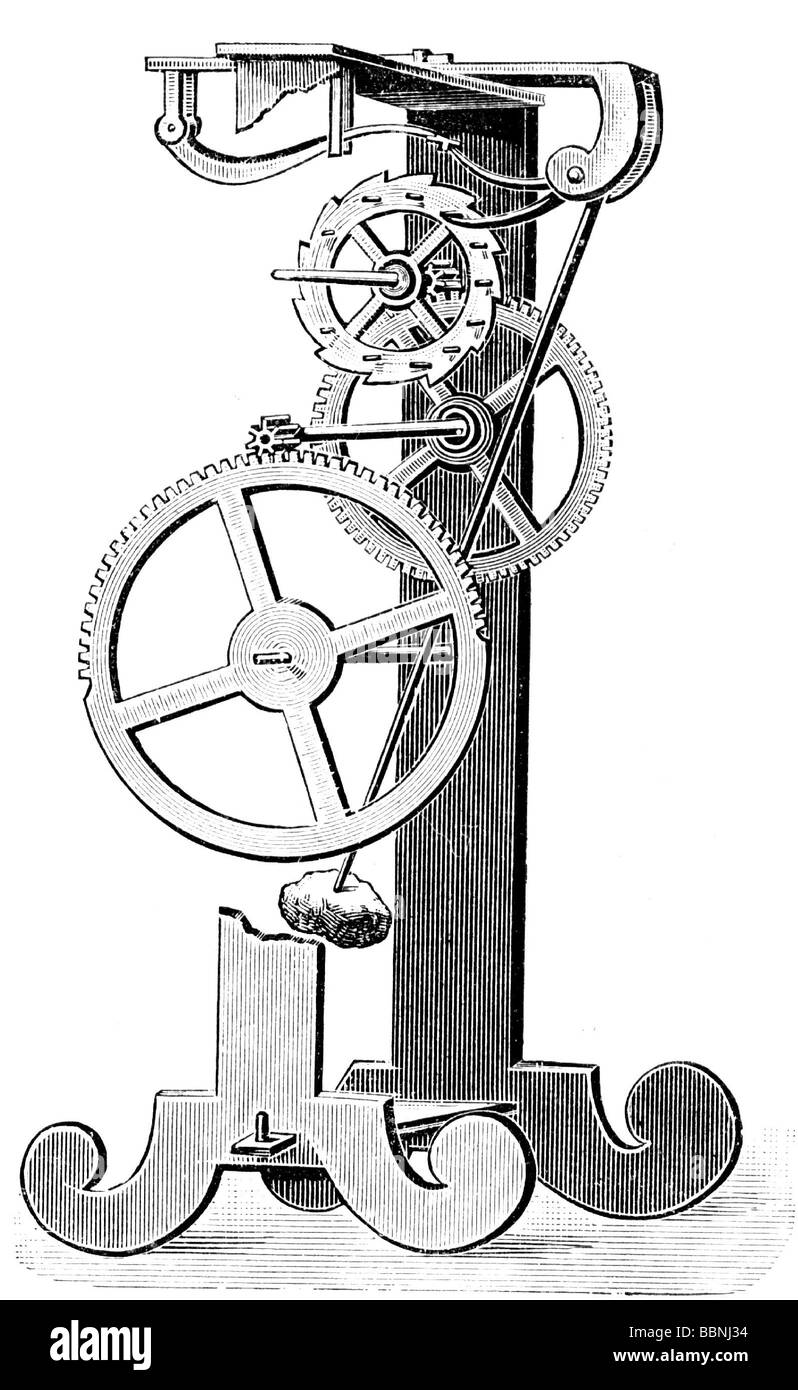 Galilei, Galileo, 15.2.1564 - 8.1.1642, italienischer Wissenschaftler (Astronom, Physiker) und Philosoph, seine Pendeluhr, Holzgravur, 19. Jahrhundert, Stockfoto