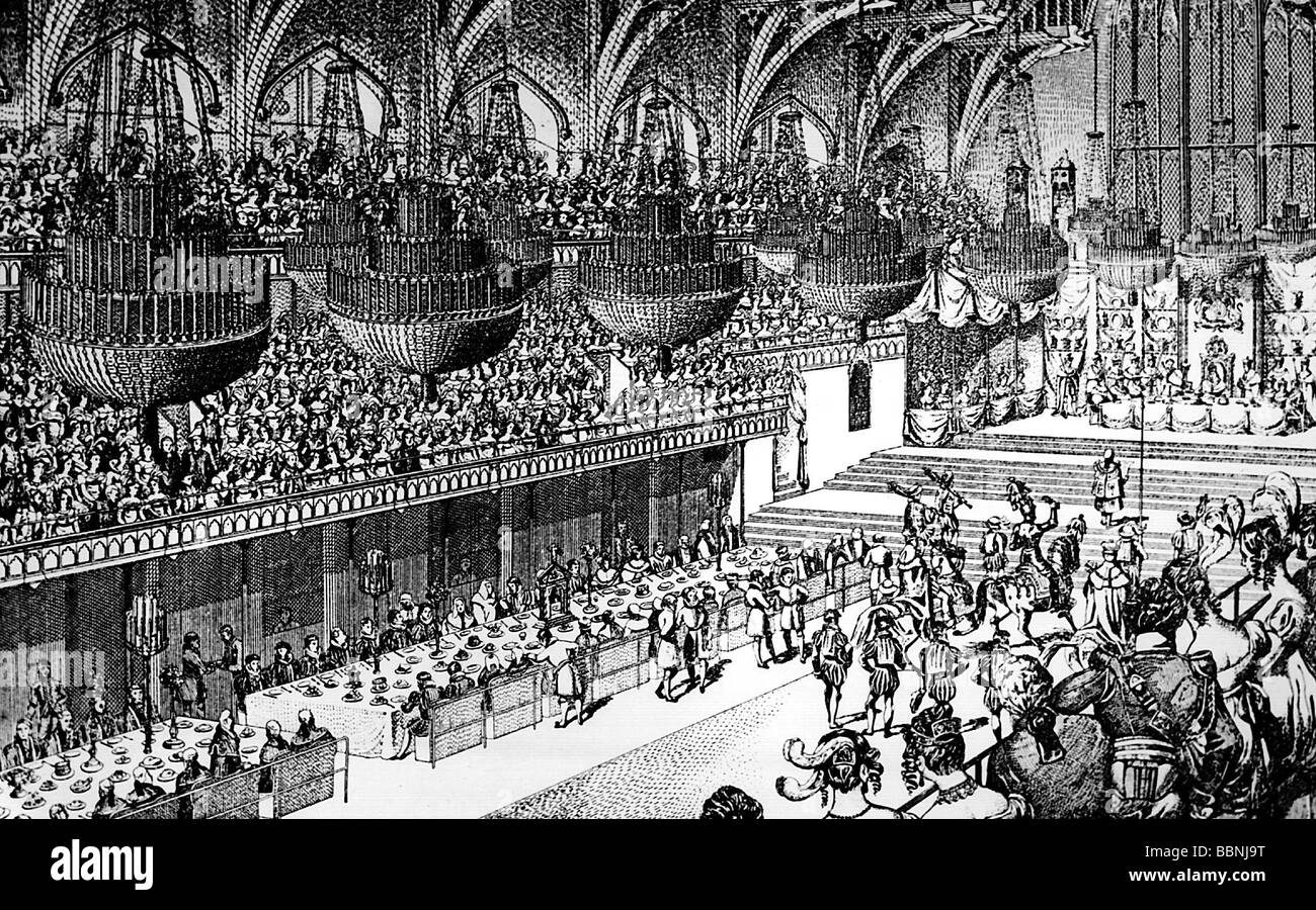 Georg IV., 12.8.1762 - 26.6. 1830, König von Großbritannien, 1820-1830, Krönungsbankett in der Westminster Hall, 19.7.181, zeitgenössische Gravur nach Zeichnung von Dighton, Stockfoto