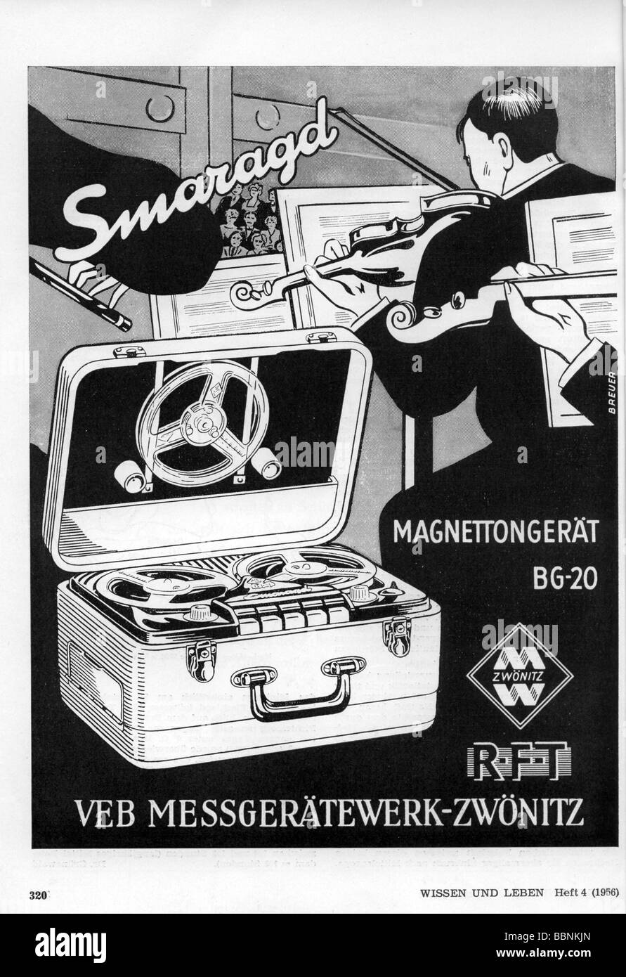 Technik, Tonbandgeräte, Werbung für Magnetbandeinheit "BG 20 Smaragd" in Magazin, DDR, 1956, Stockfoto