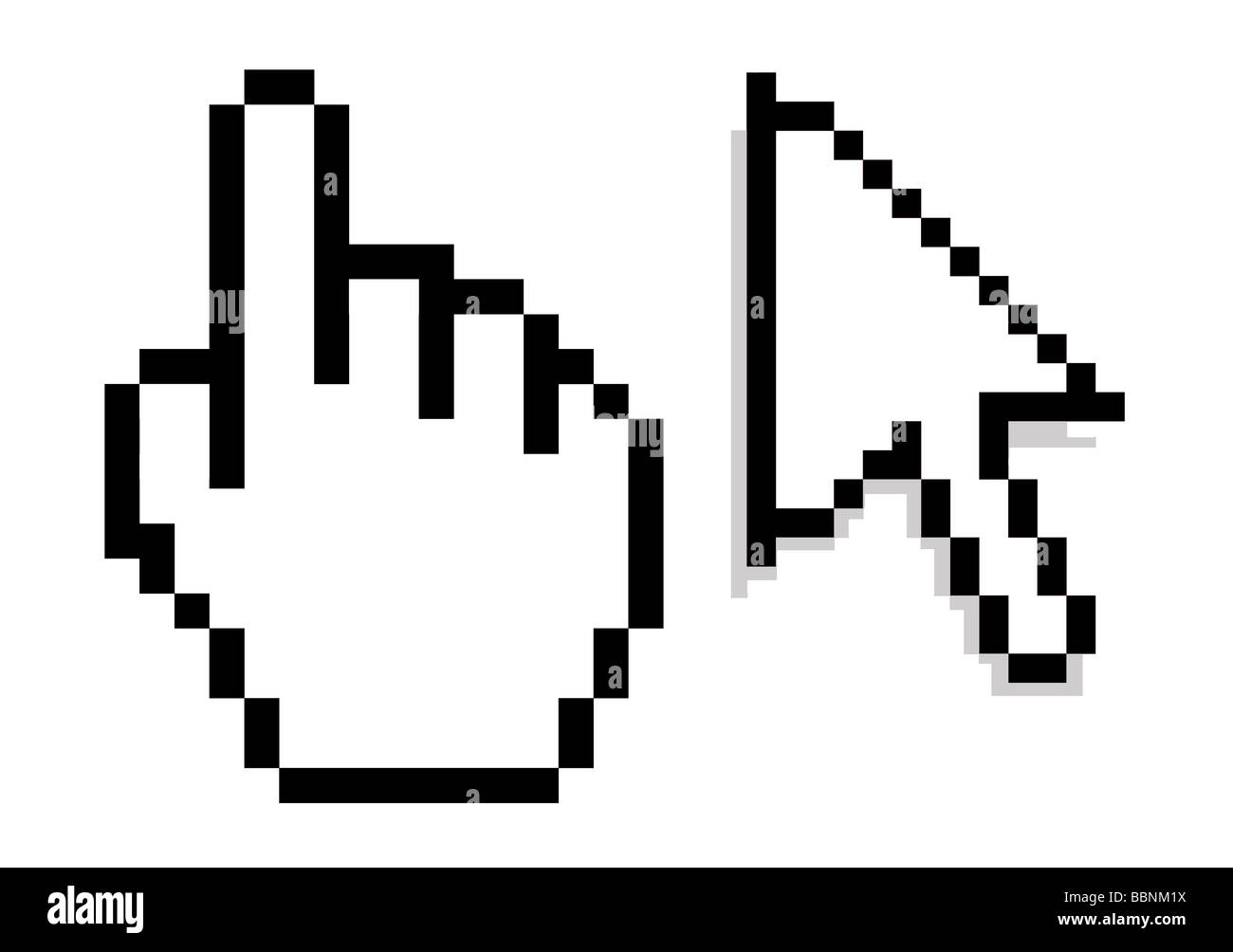 Abbildung des Wartens Hand und Cursor-Computer-Icons in schwarz isoliert auf weißem Hintergrund zeigt Stockfoto