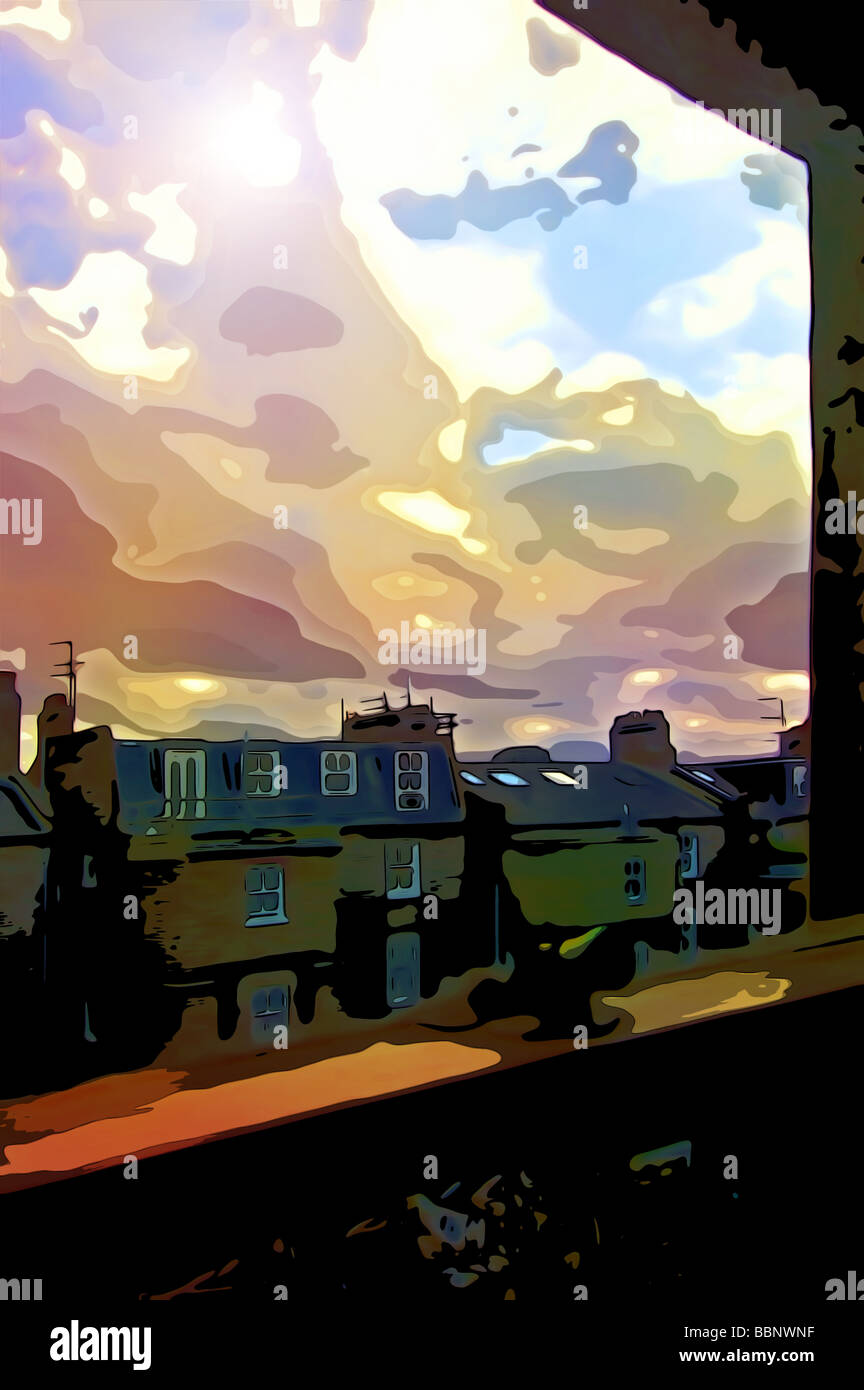 Cel-Shading-Illustration des britischen Wohnstrukturen aus Fenster Stockfoto