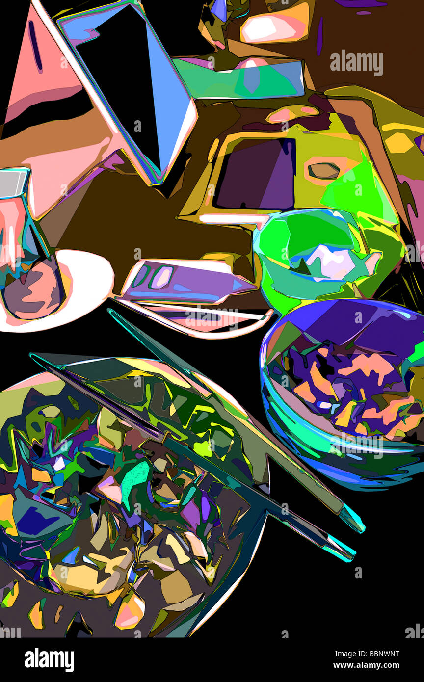 Cel-Shading-Abbildung von Lebensmitteln mit Laptop und Handy auf Tisch Stockfoto