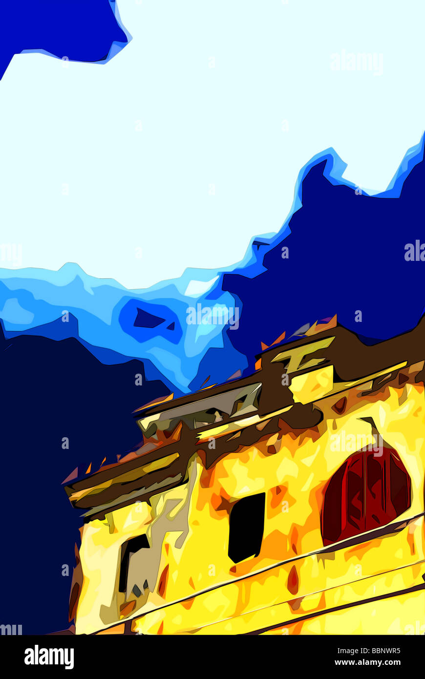 Cel-Shading-Abbildung eines Gebäudes in Brand Stockfoto