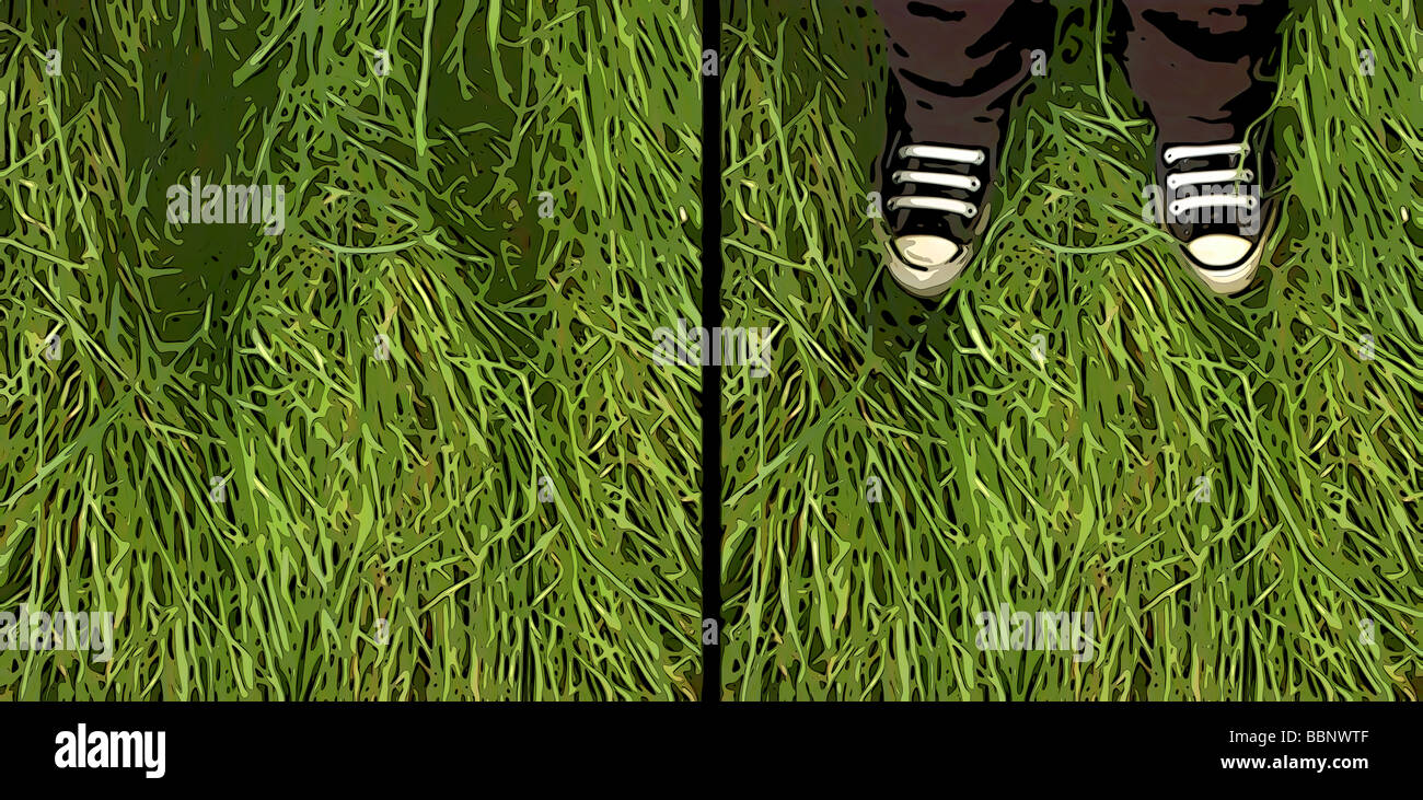 Cel-Shading-Abbildung Gatefold Cover, Person, die auf dem Rasen Stockfoto
