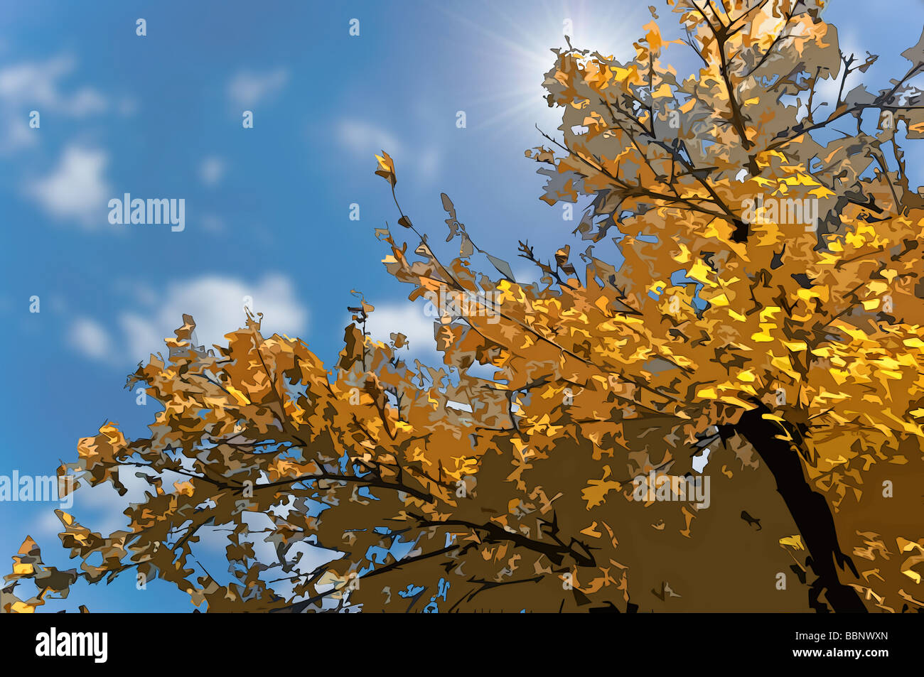 Cel-Shading-Illustration der Herbst Baum Stockfoto