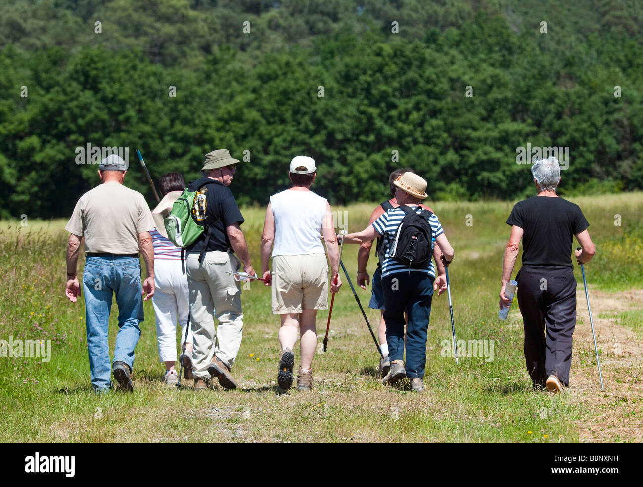 Gemischte Gruppe von Wanderern am Tag draußen in der französischen Landschaft. Stockfoto