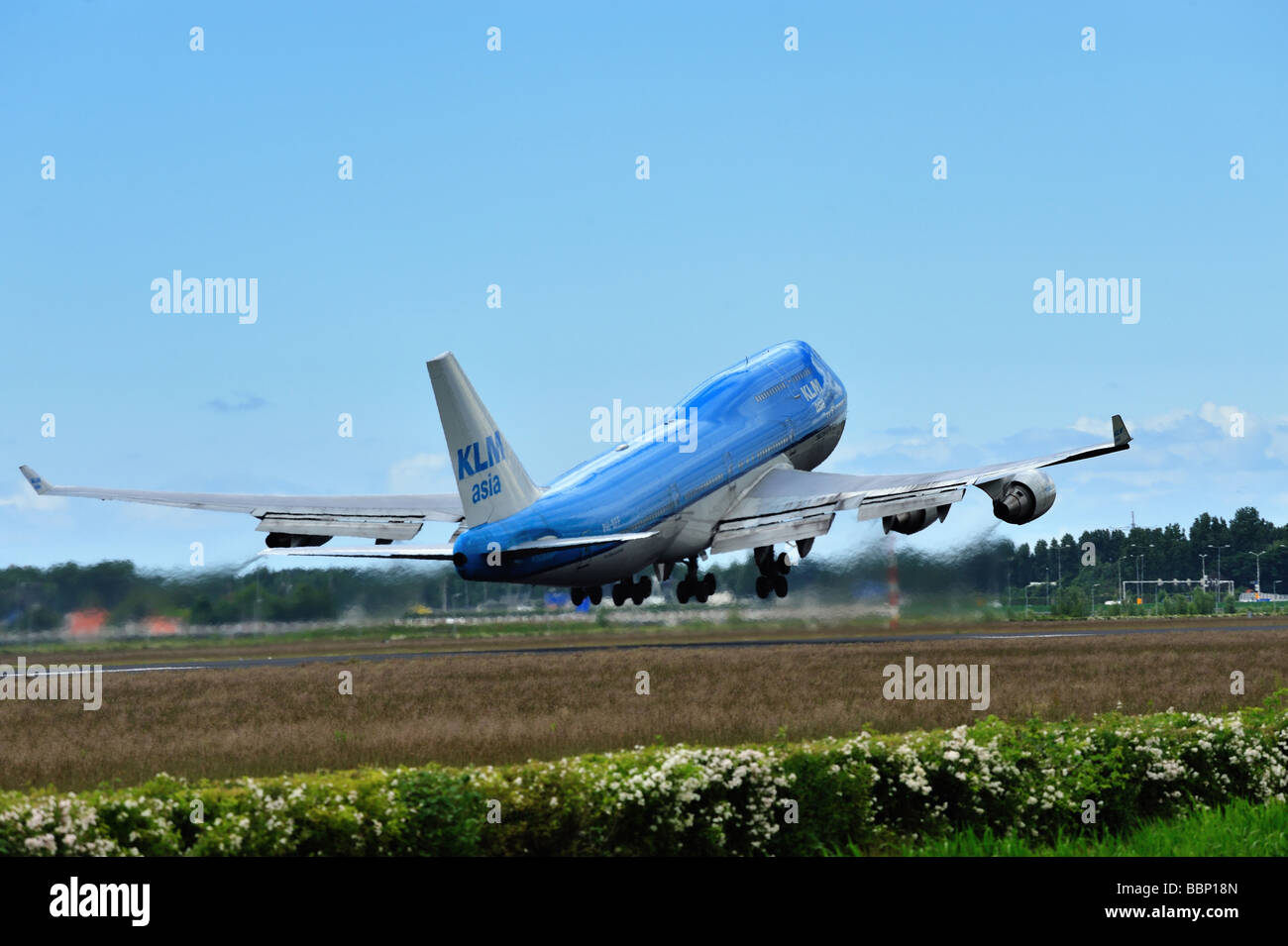 KLM-Boeing 747-400 Flugzeug abheben Flughafen Amsterdam Niederlande Stockfoto