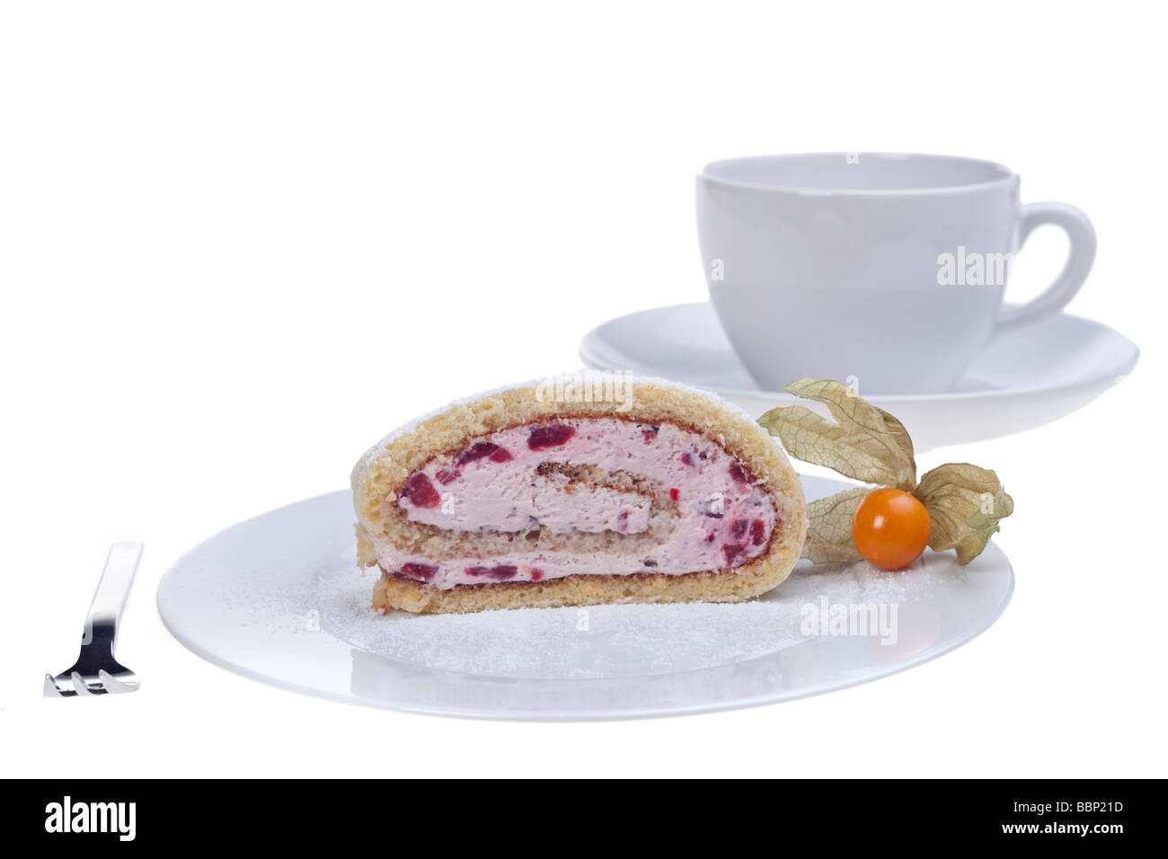 Scheibe eine Jelly roll Kuchen auf einem weißen Teller Stockfoto