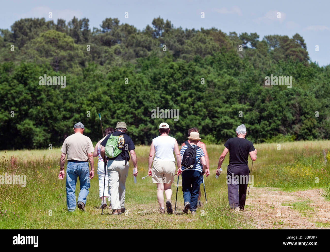 Gemischte Gruppe von Wanderern am Tag draußen in der französischen Landschaft. Stockfoto