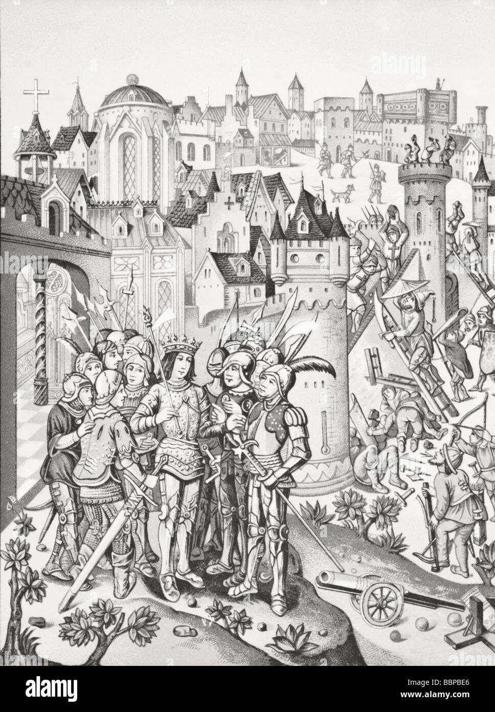 Belagerung einer Stadt durch die Burgunder unter Charles VI verteidigt Stockfoto