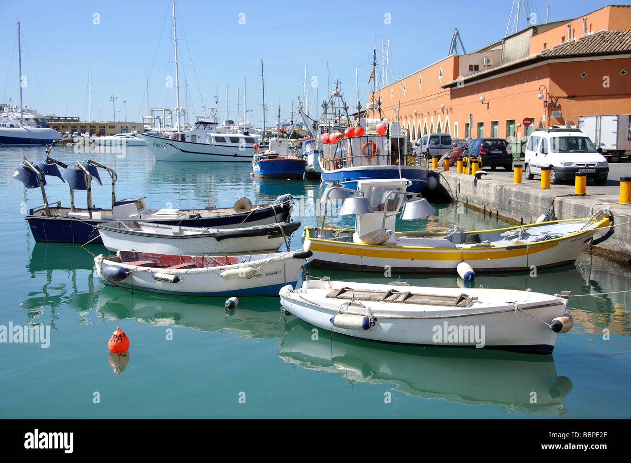 Angelboote/Fischerboote im Hafen von Palma De Mallorca, Palma Stadt, Mallorca, Balearen, Spanien Stockfoto