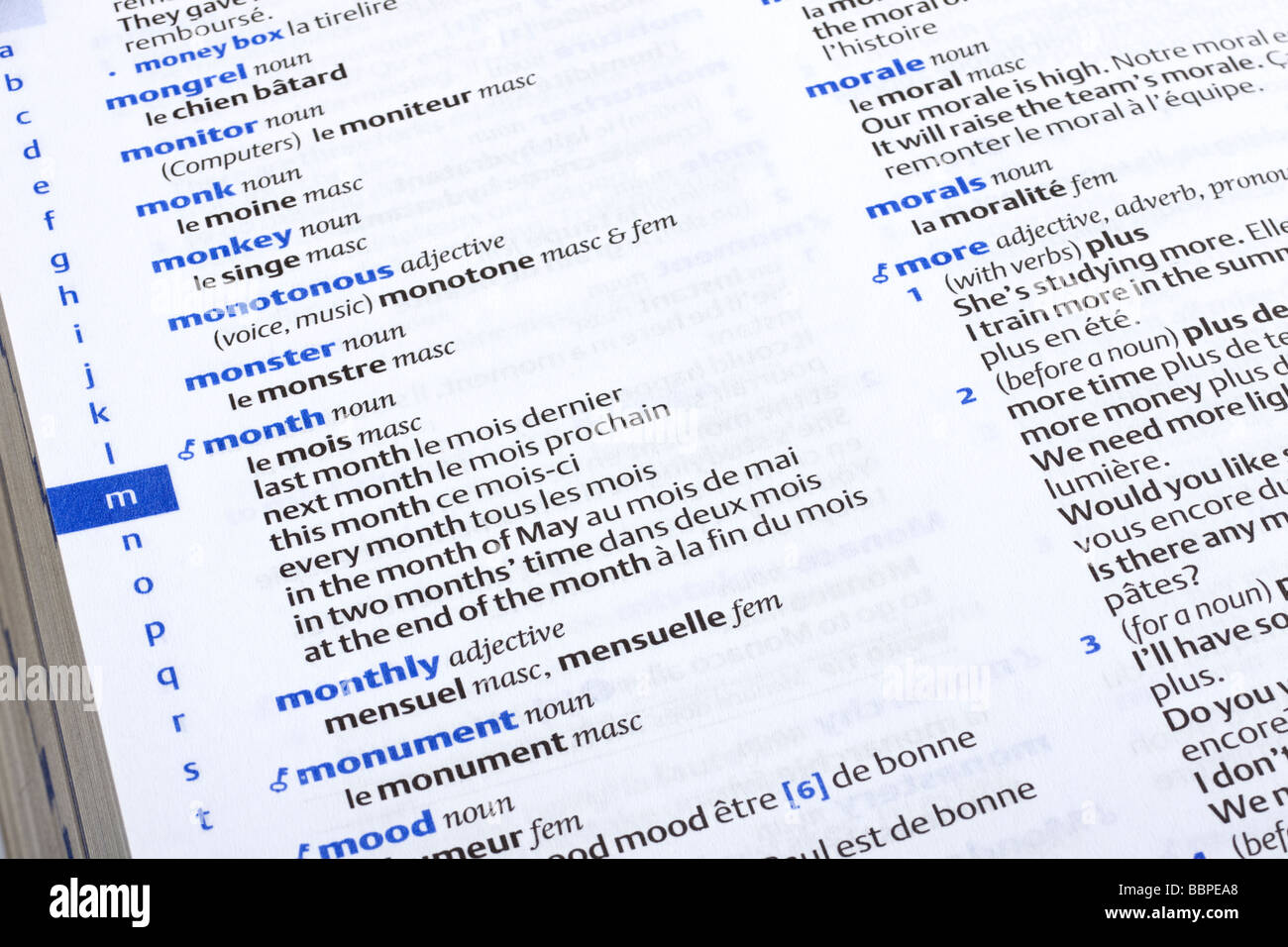 Nahaufnahme einer englischen Französisch Wörterbuch schließen sich Stockfoto