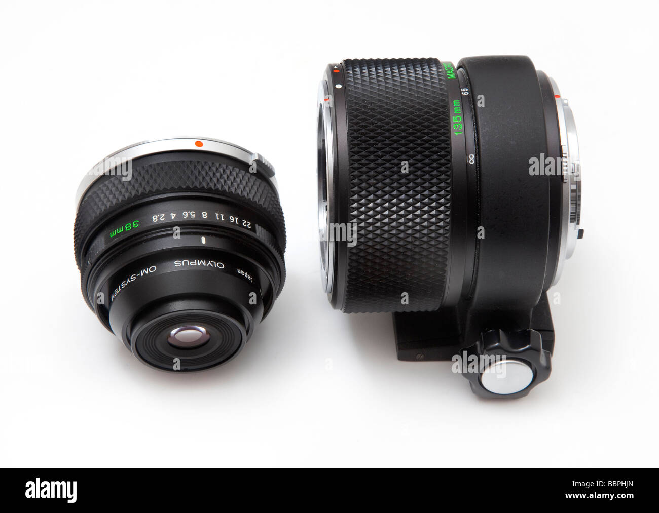 Olympus OM SLR-Makro-Kamera-Ausrüstung zur Nahaufnahme Fotografie, 38mm-Makro-Objektiv, Vari Verlängerungsrohr Stockfoto