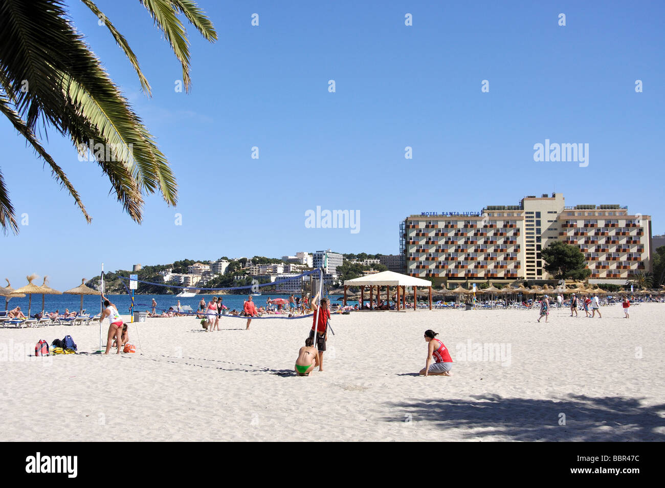 Strandblick, Palmanova, Gemeinde Calvia, Mallorca, Balearen, Spanien Stockfoto