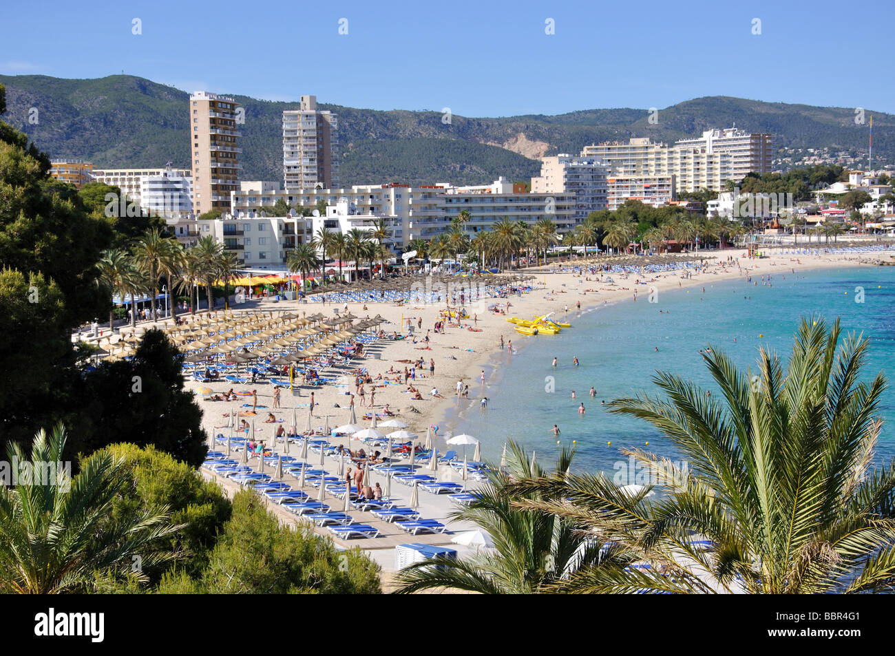 Strandblick, Magaluf, Gemeinde Calvia, Mallorca, Balearen, Spanien Stockfoto