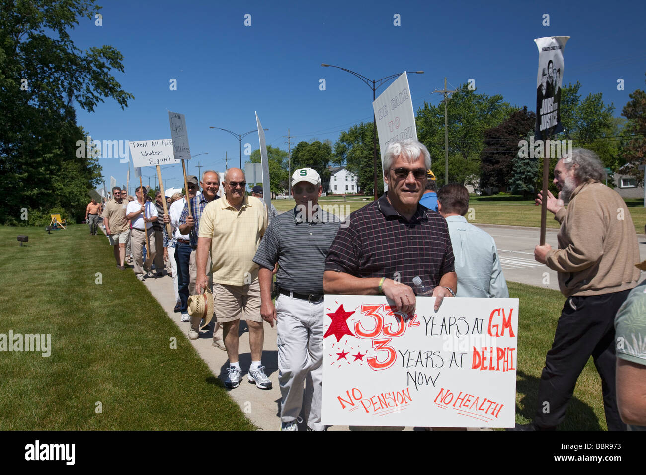 Pensionierte Autoarbeiter protestieren Verlust von Renten- und Gesundheitssystem Stockfoto