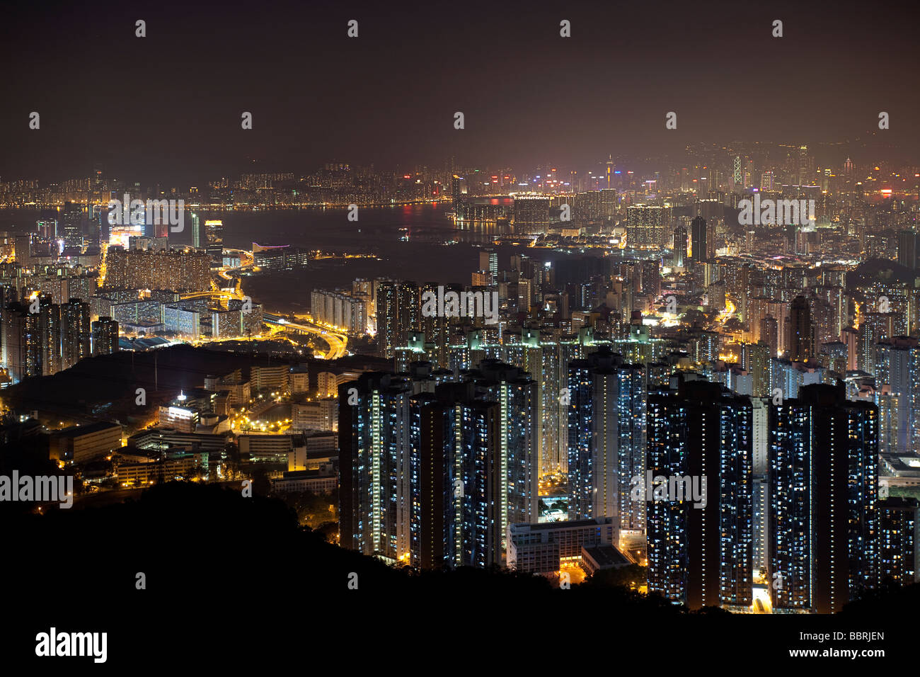 Hong Kong bei Nacht-Blick von Kowloon Peak Stockfoto