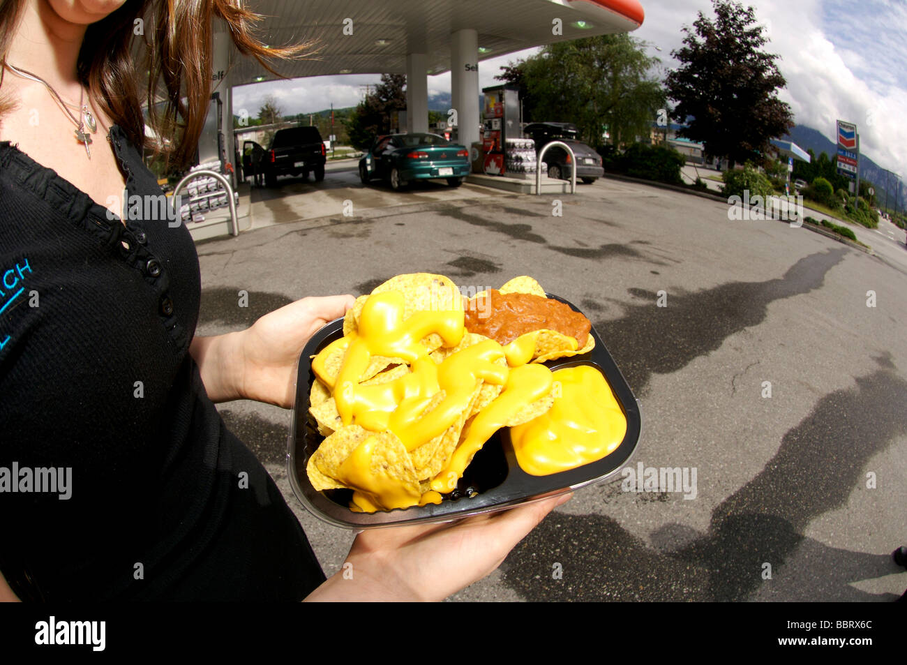 Fast-Food-Natchos aus einer Tankstelle Convenience-store Stockfoto