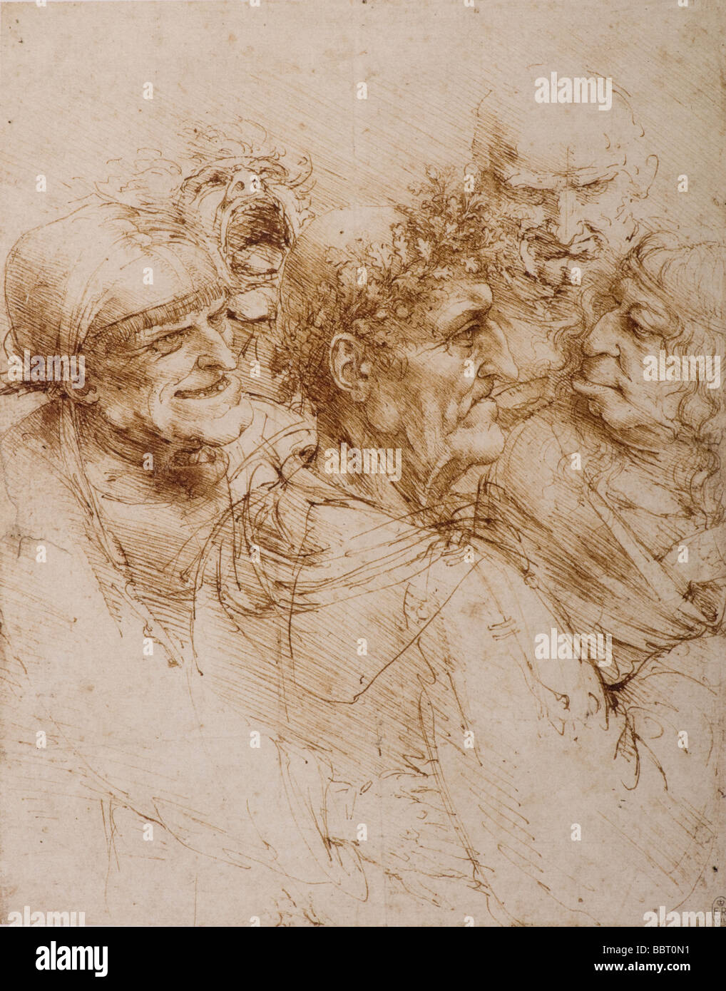 Fünf groteske Köpfe von Leonardo da Vinci Stockfoto