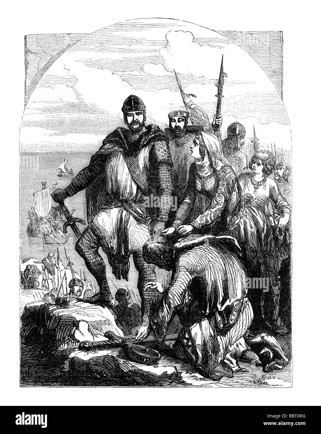 König Johann kniend vor König Richard I The Lionheart nach der Landung am Strand von Barfleur Normandie AD 1194 Stockfoto