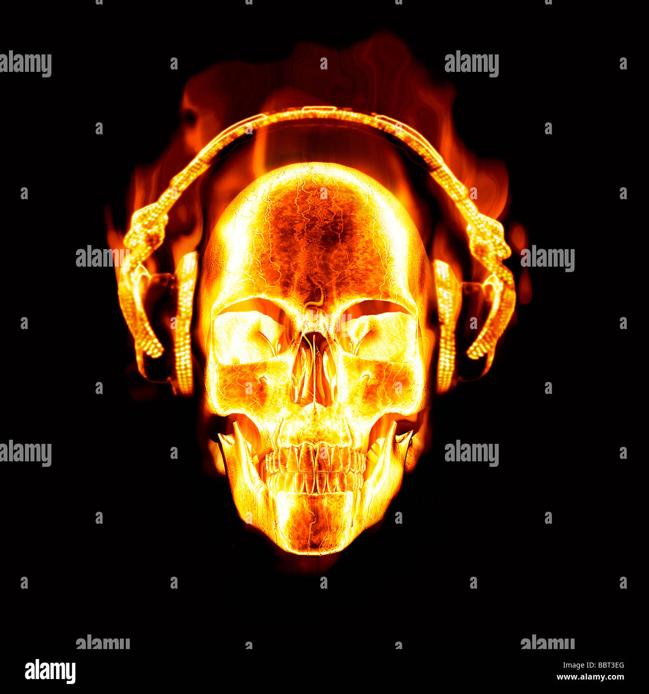 tolles Bild von flammenden Totenkopf mit Kopfhörern Stockfoto