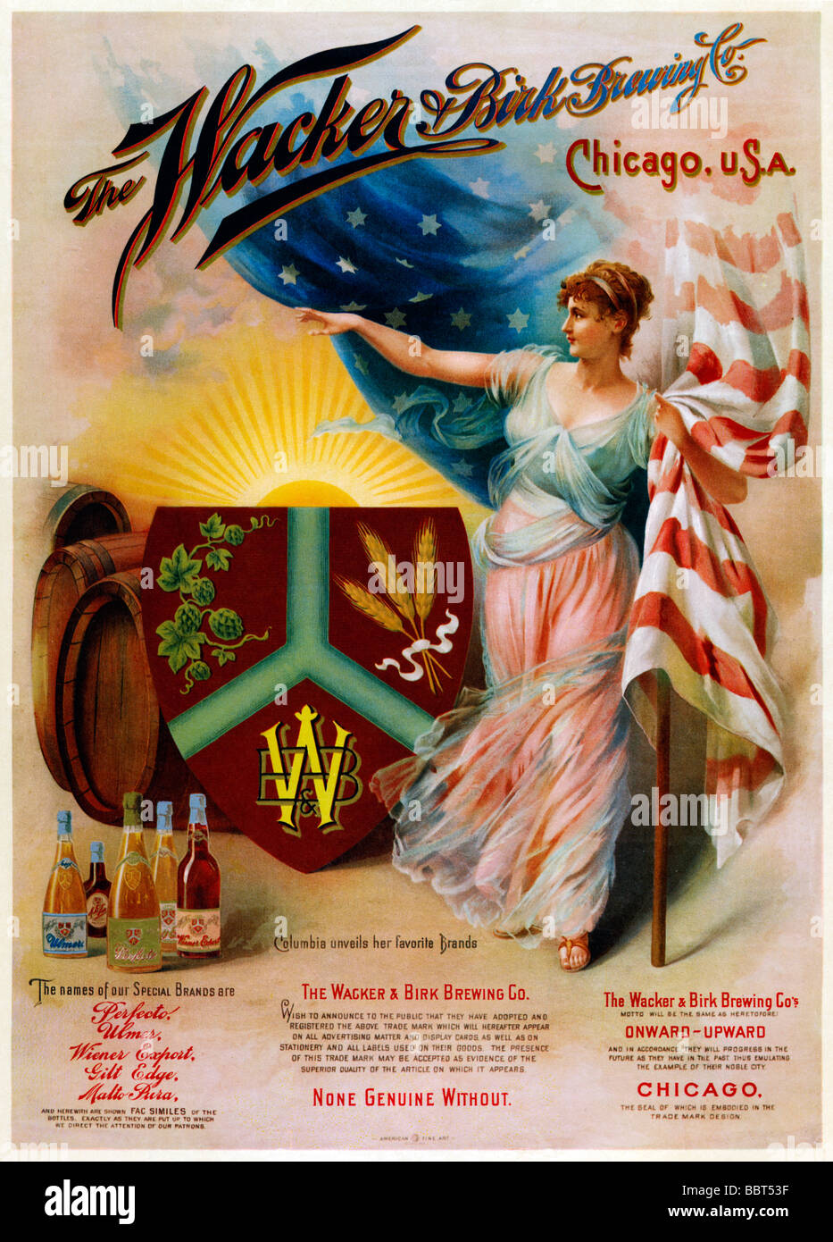 WACKER und Birk Brewing Co 1890 Poster für die Chicago Brauer patriotisch zeigen die amerikanische Flagge über den Lauf Stockfoto
