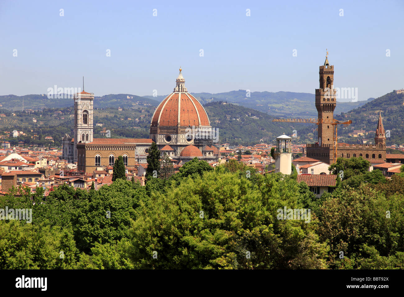 Blick auf Dom und Palazzo Vecchio, Boboli-Gärten, Florenz, Toskana, Italien Stockfoto