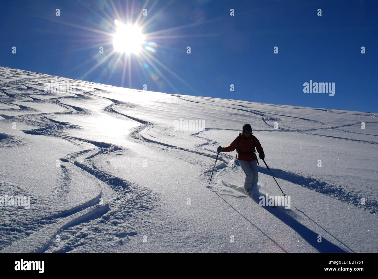 Skifahrer Freeriden Pulver Schnee, Bufaal, Schweizer Alpen Stockfoto