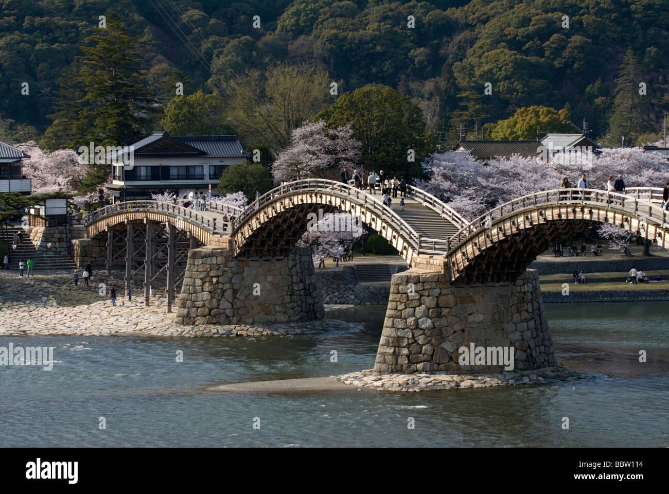 Die berühmtesten klassischen traditionellen Bogenbrücke in Japan ist die Kintai-Brücke oder Kintai in Iwakuni Überquerung des Flusses Nishiki Stockfoto