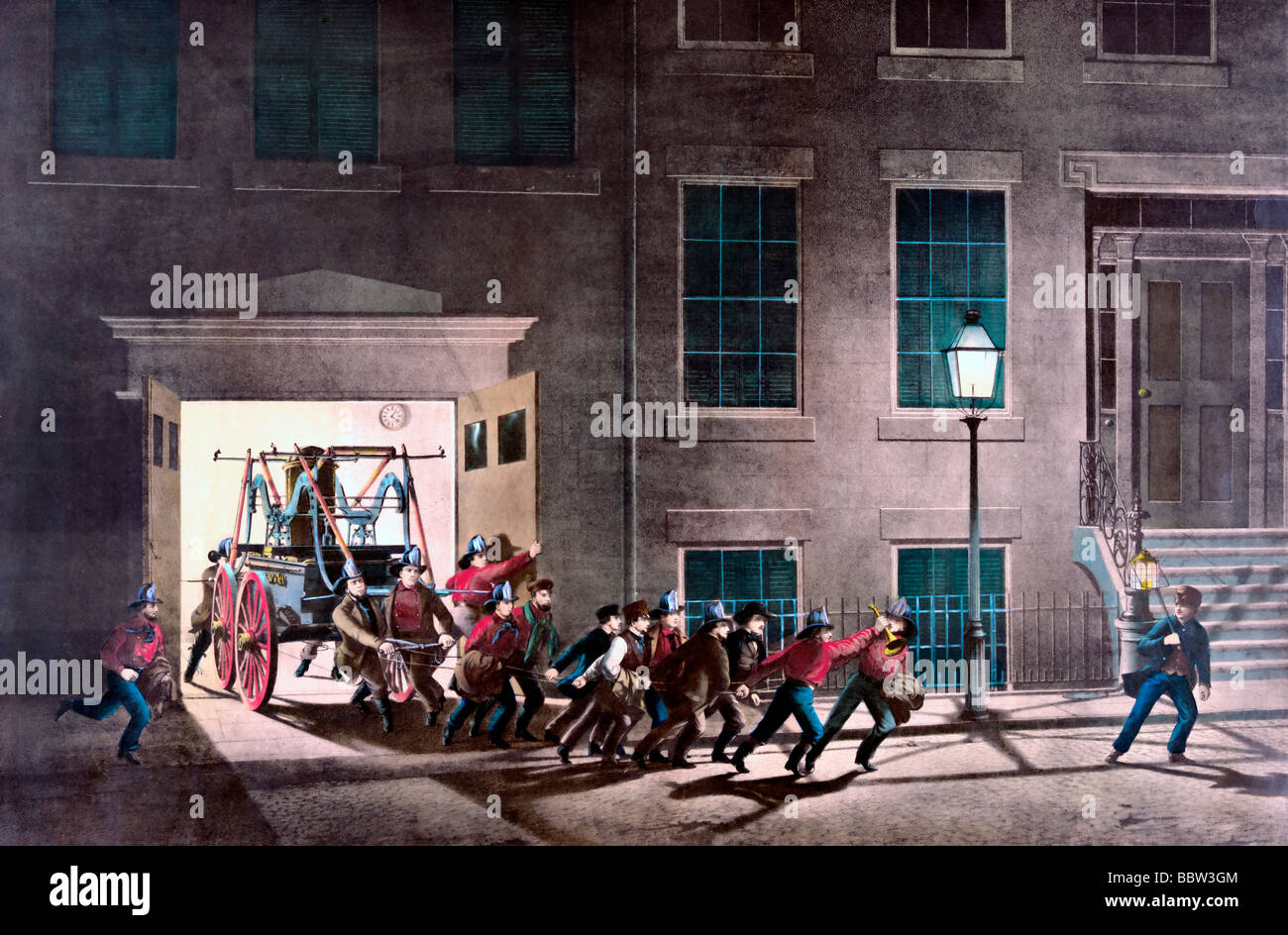 Das Leben der Feuerwehrmann: die Nacht - Alarm "starten ihre lebhaften jungen." ca. 1850 Stockfoto