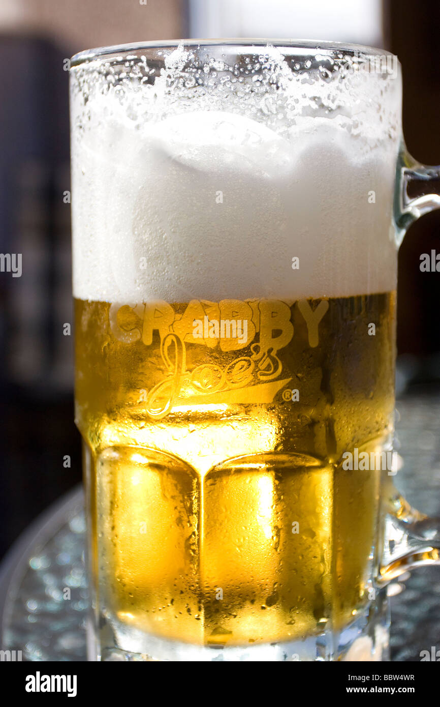 Kaltes Bier im Glas mit schaumigen Kopf in der Sonne auf einen Terrassentisch während bbq Stockfoto