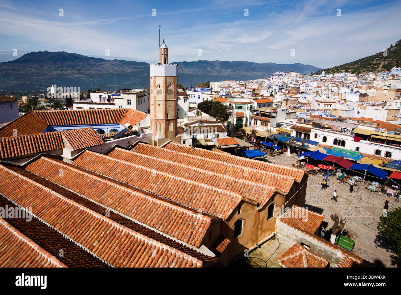 Blick auf die große Moschee, Chefchaouen, Marokko, Nordafrika Stockfoto