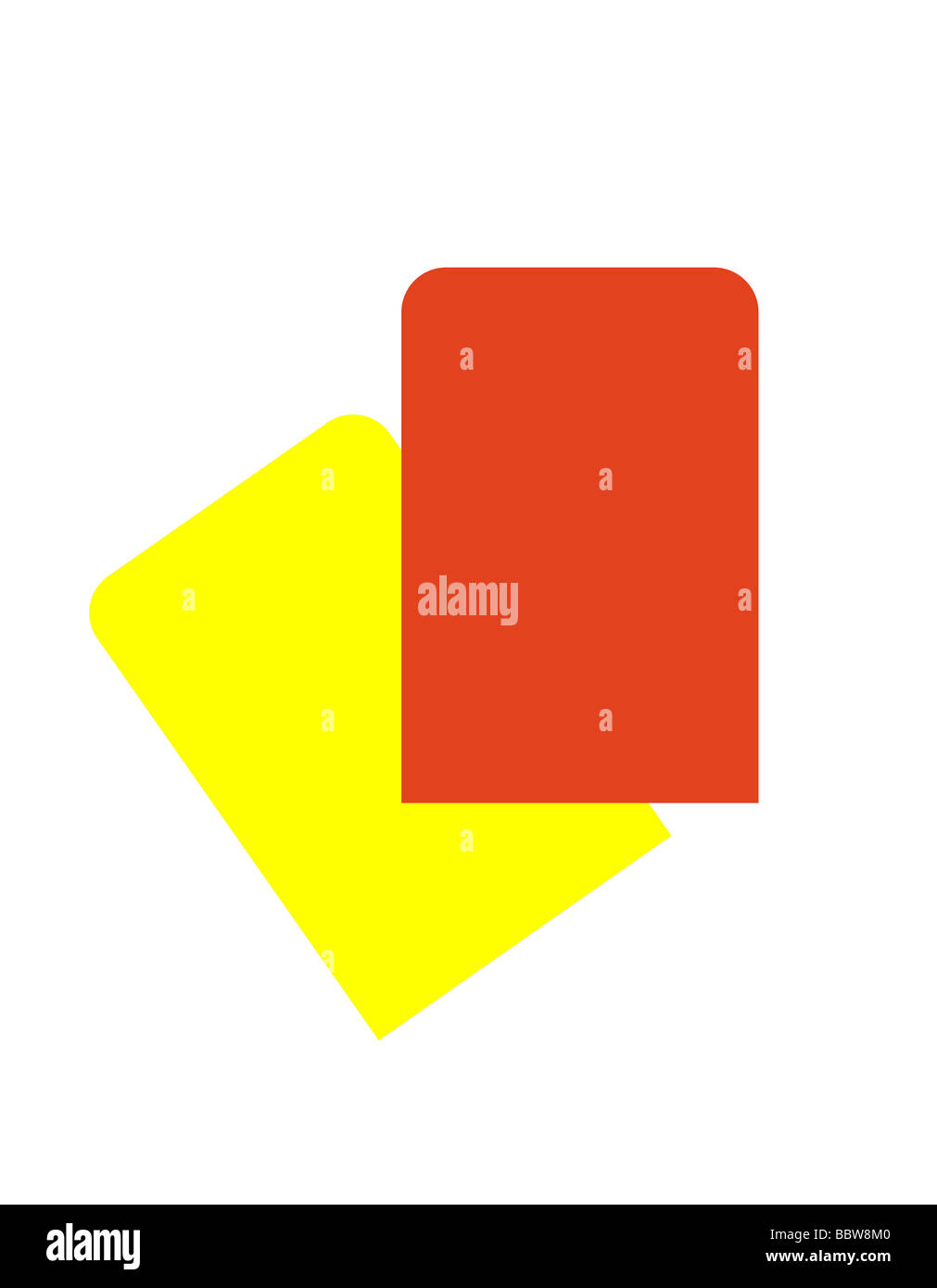 Rote und gelbe Fußball-Schiedsrichter-Karten isoliert auf weißem Hintergrund Stockfoto