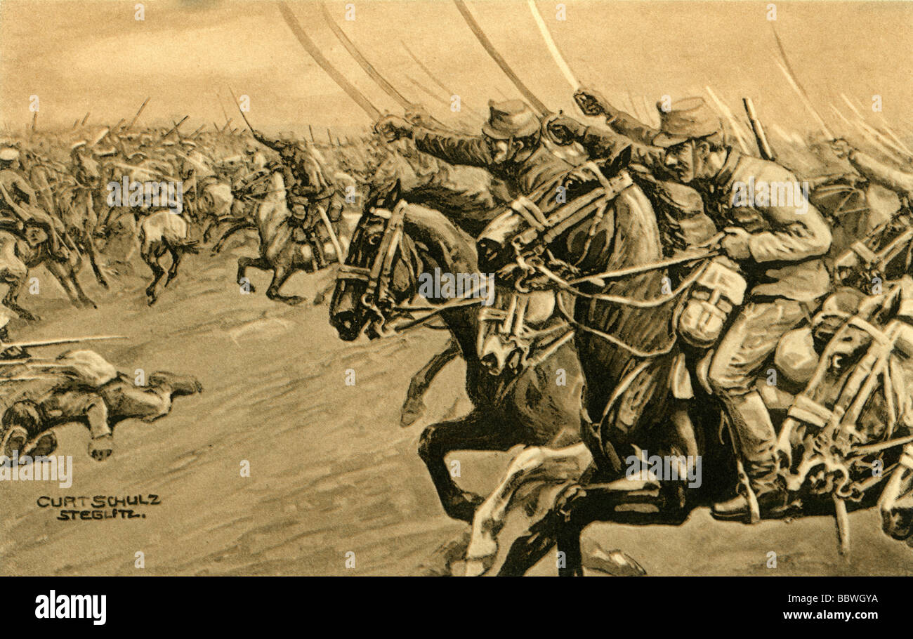 Ereignisse, Erster Weltkrieg/erster Weltkrieg, Ostfront, Polen, Schlacht von Krasnik, 23.8.1914 - 25.8.1914, Charching ungarischer Husaren, Postkarte, Zeichnung von Curt Schulz-Steglitz, anno, cavaly, Galicia, Österreich-Ungarn, Soldaten, Russen, Russland, Militär, Propaganda, 20. Jahrhundert, historisch, Schulz Steglitz, Volk, 1910s, Stockfoto
