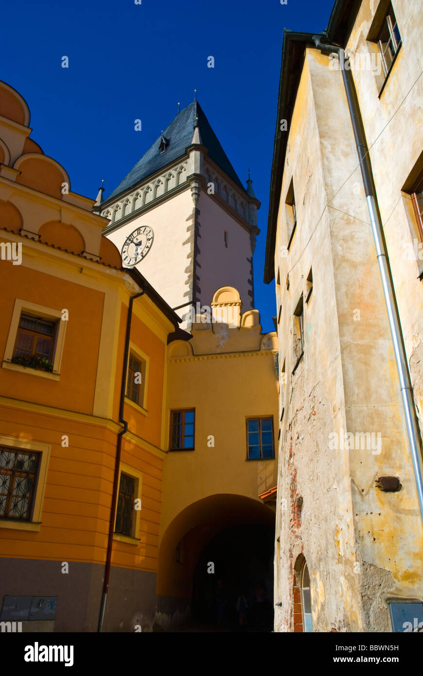 Altstadt mit Uhrturm des Rathauses in Tabor-Tschechien-Europa Stockfoto