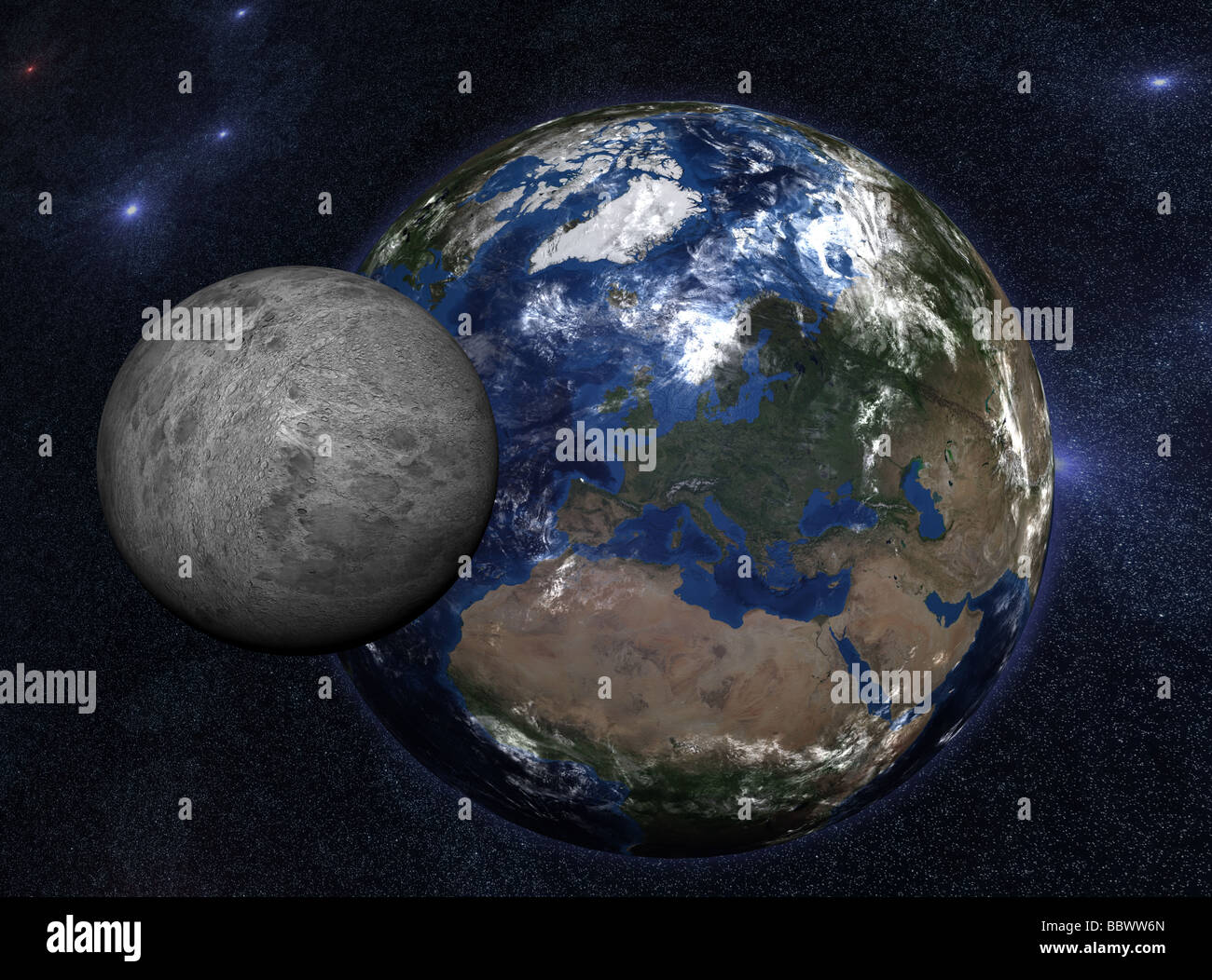 Frontalansicht des Planetenerde und der umkreisenden Mond Stockfoto