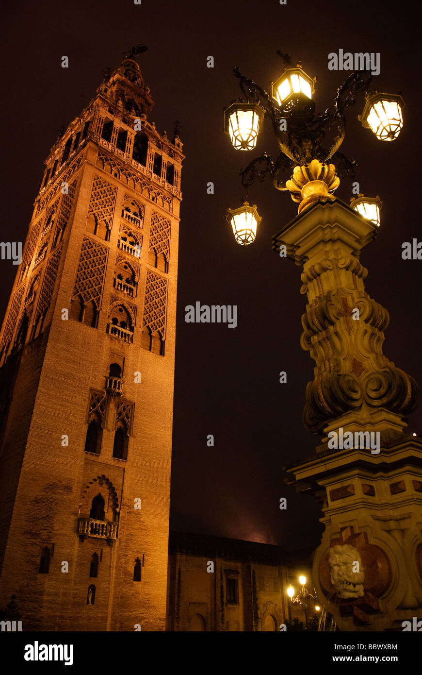beleuchteten Turm La Giralda der Kathedrale von in der Nacht in Sevilla Andalucia Spanien Stockfoto