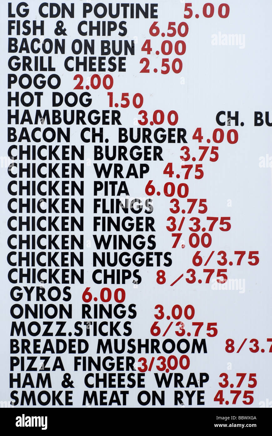 Preisliste von Junk-Food zu einem Restarunt. Stockfoto