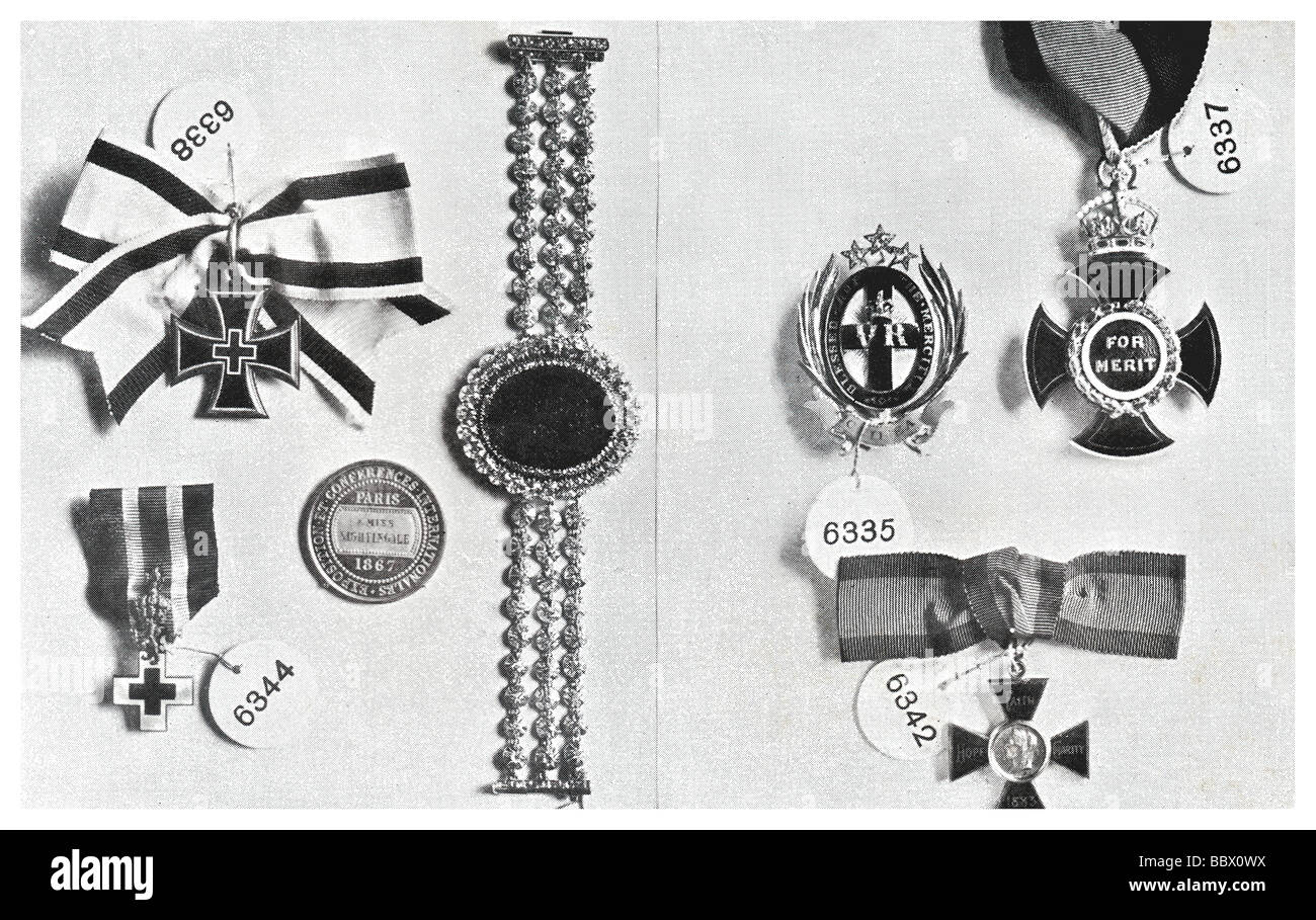 Einige der Medaillen und Dekorationen, Florence Nightingale vergeben. Stockfoto