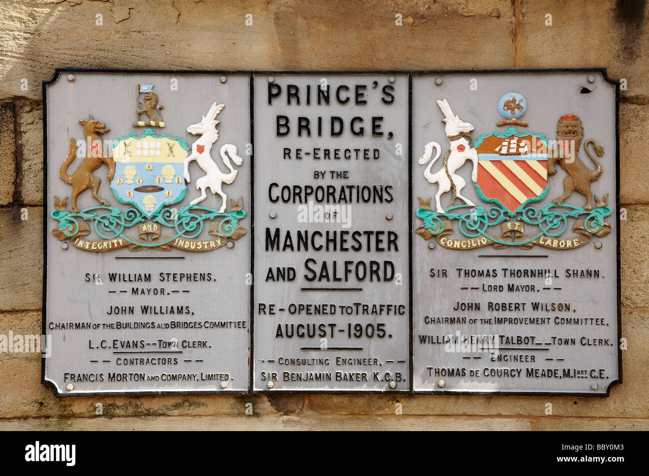 Gedenktafel an Prinz, s Brücke in Manchester UK Stockfoto