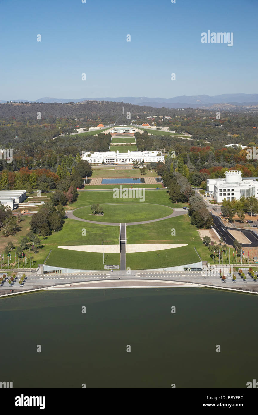 Parlament-Haus-Top und alten Parlament Haus Questacon rechts und Lake Burley Griffin Canberra ACT Australien Antenne Stockfoto