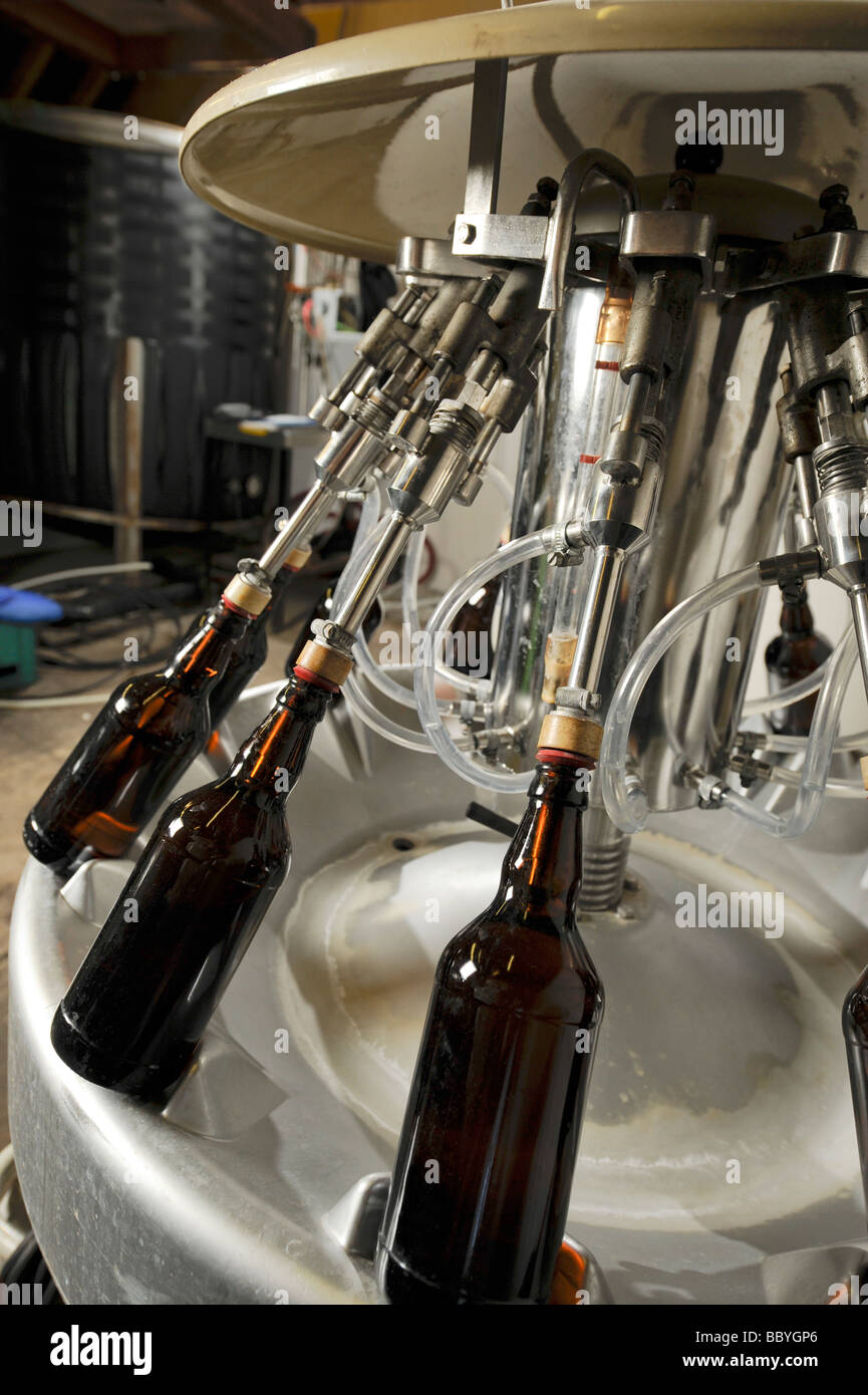 Ein Bier Abfüllanlage in einer Kleinbrauerei, UK. Bild von Jim Holden. Stockfoto