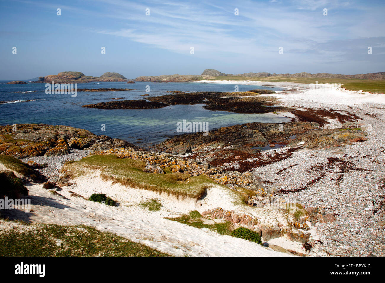Die Bucht auf der Rückseite den Ozean und Machair, Insel Iona, Isle of Mull, Hochland, westlichen Schottland, Vereinigtes Königreich. Stockfoto