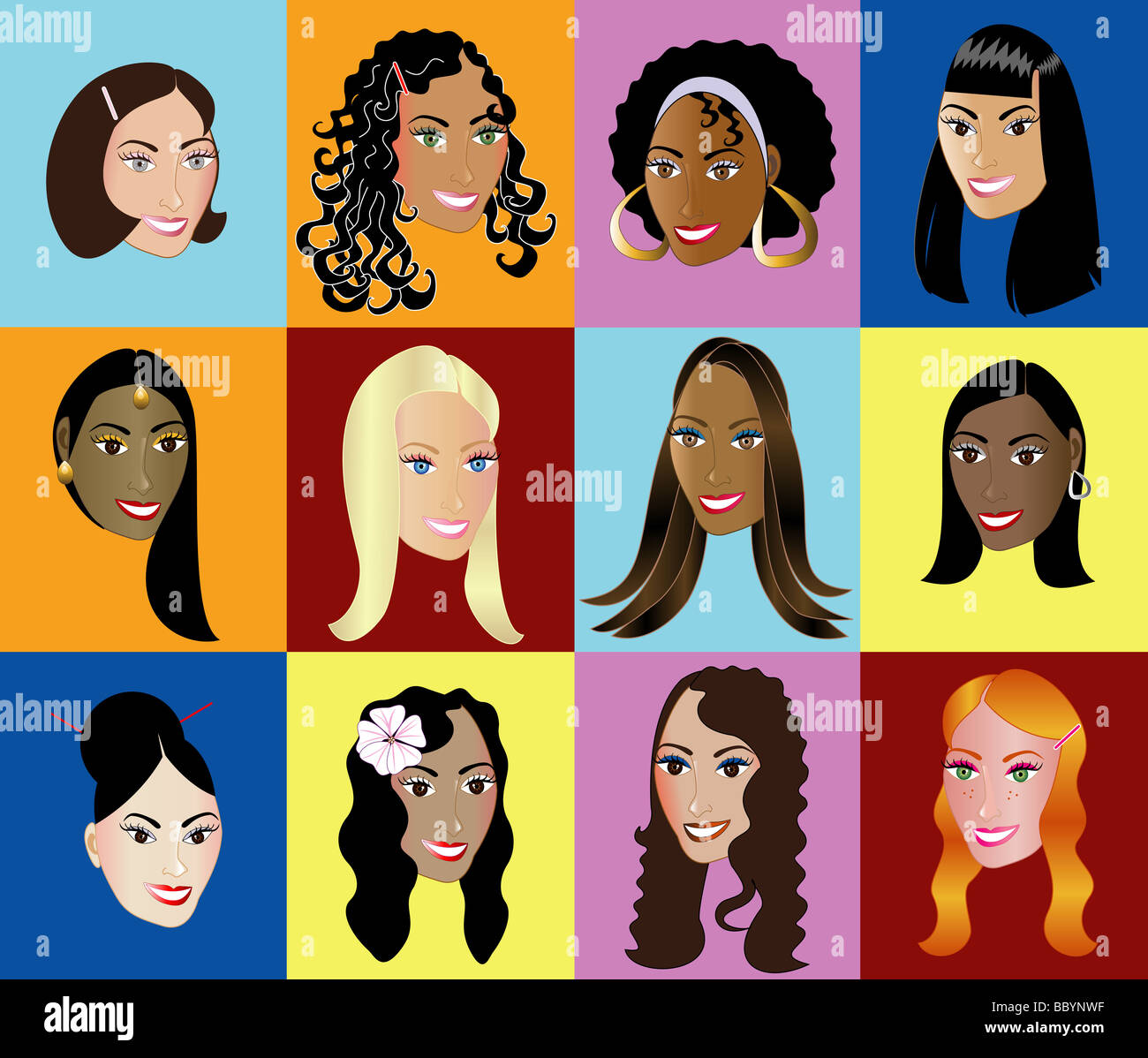 Zwölf verschiedene Frauen verschiedener Rassen und Kulturen mit farbigen Hintergrund. Vielfalt, siehe meinen anderen Illustrationen. Stockfoto