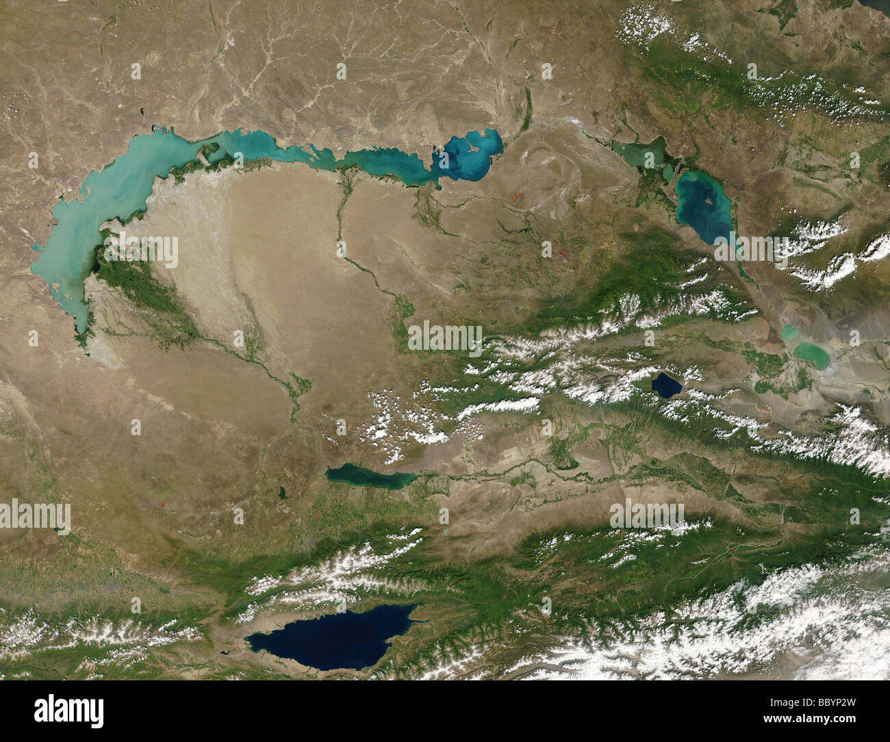 Satelliten Ansicht von See Balkhash im Osten Kasachstan & Kapchagayskoye Behälter Stockfoto